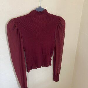 Macy's Burgundy Wine Mesh Corset Top with Puffed Sleeves Size S